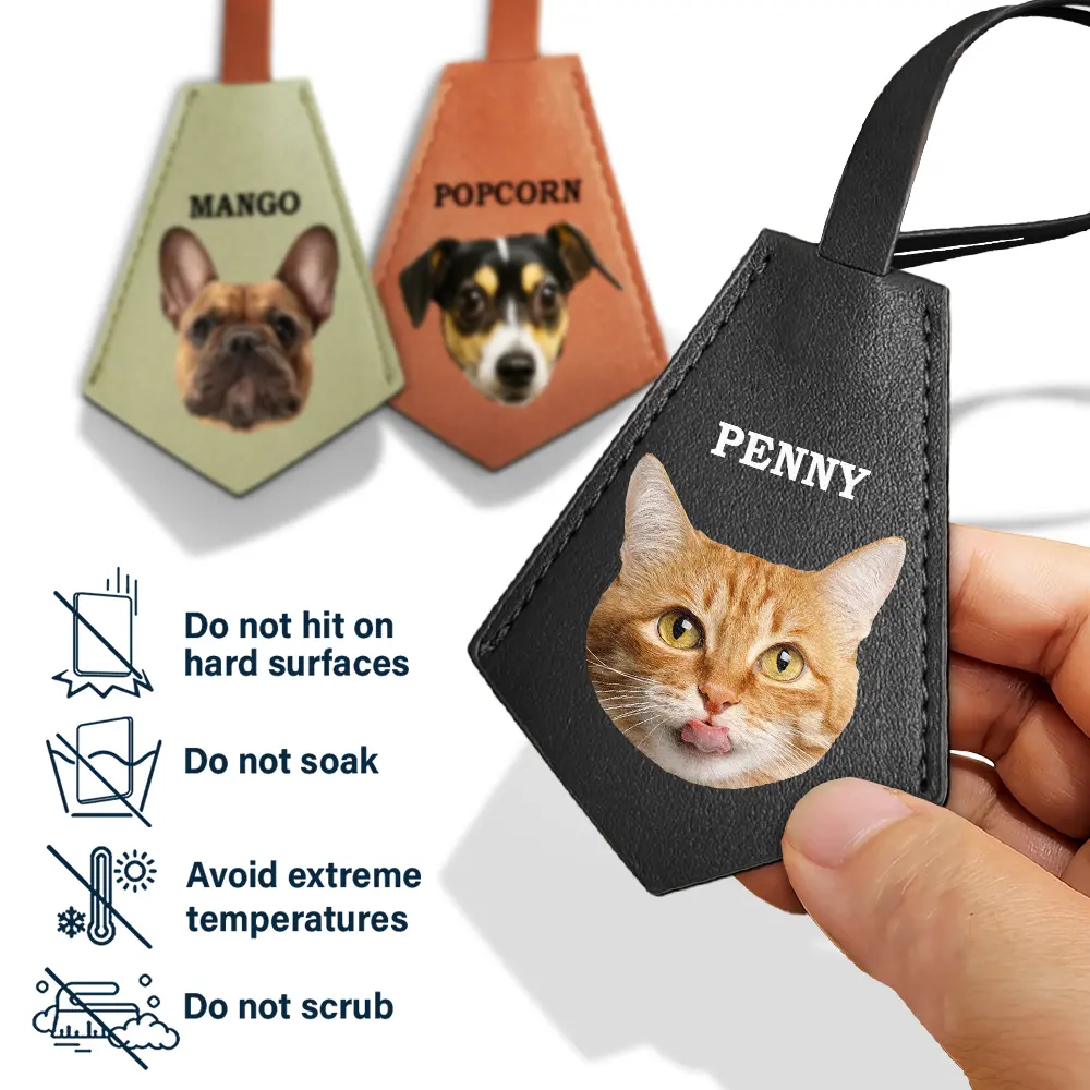 Custom Photo This Human Belongs To - Personalized Tag Shaped Leather Keychain With Stitching - Image 5