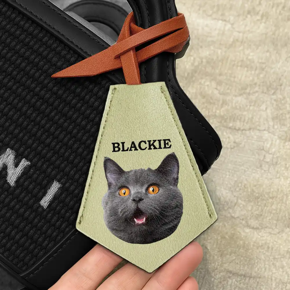 Custom Photo This Human Belongs To - Personalized Tag Shaped Leather Keychain With Stitching - Image 6