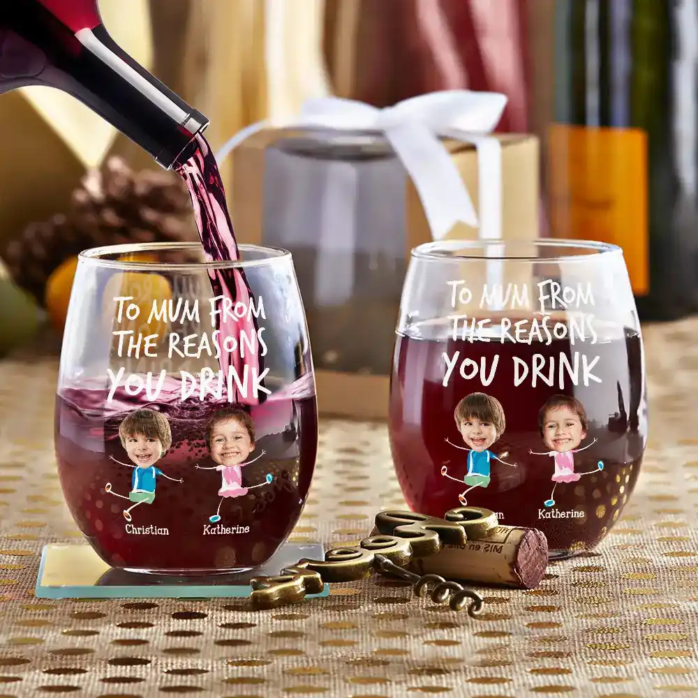 Custom Photo To Mom Dad From The Reasons You Drink - Personalized Stemless Wine Glass - Image 4