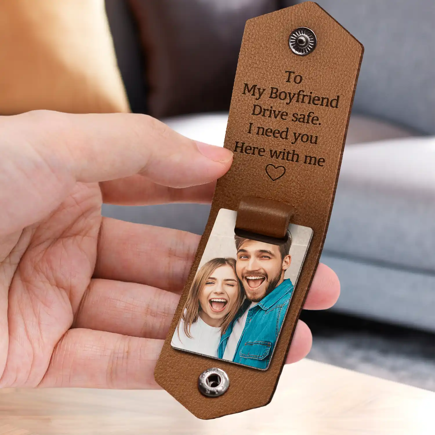Custom Photo Together Since Drive Safe I Need You Here With Me - Gift For Boyfriends, Husbands, Couples - Personalized Leather Photo Keychain - Image 3