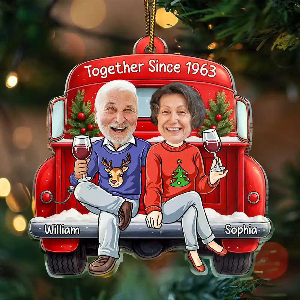 Custom Photo Together Since Funny Couple Red Truck - Personalized Custom Shaped Acrylic Ornament - Image 4