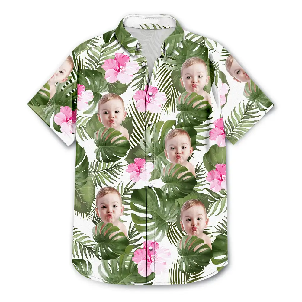 Custom Photo Tropical Leaves Funny Family Pet Face - Personalized Hawaiian Shirt - Image 4