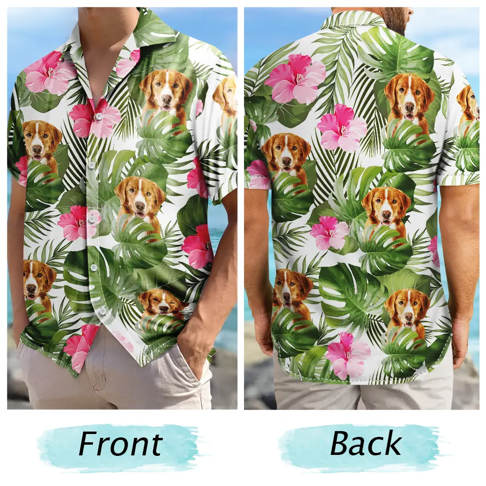 Custom Photo Tropical Leaves Funny Family Pet Face - Personalized Hawaiian Shirt - Image 6