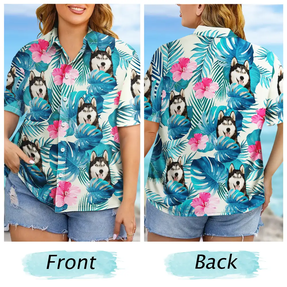 Custom Photo Tropical Leaves Funny Family Pet Face - Personalized Hawaiian Shirt - Image 7