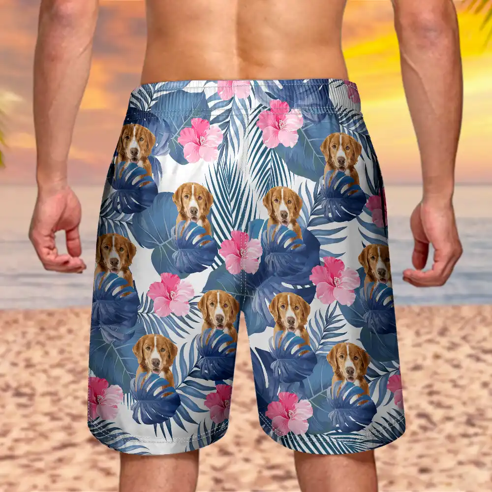 Custom Photo Tropical Leaves Funny Family Pet Face - Personalized Unisex Beach Shorts - Image 5