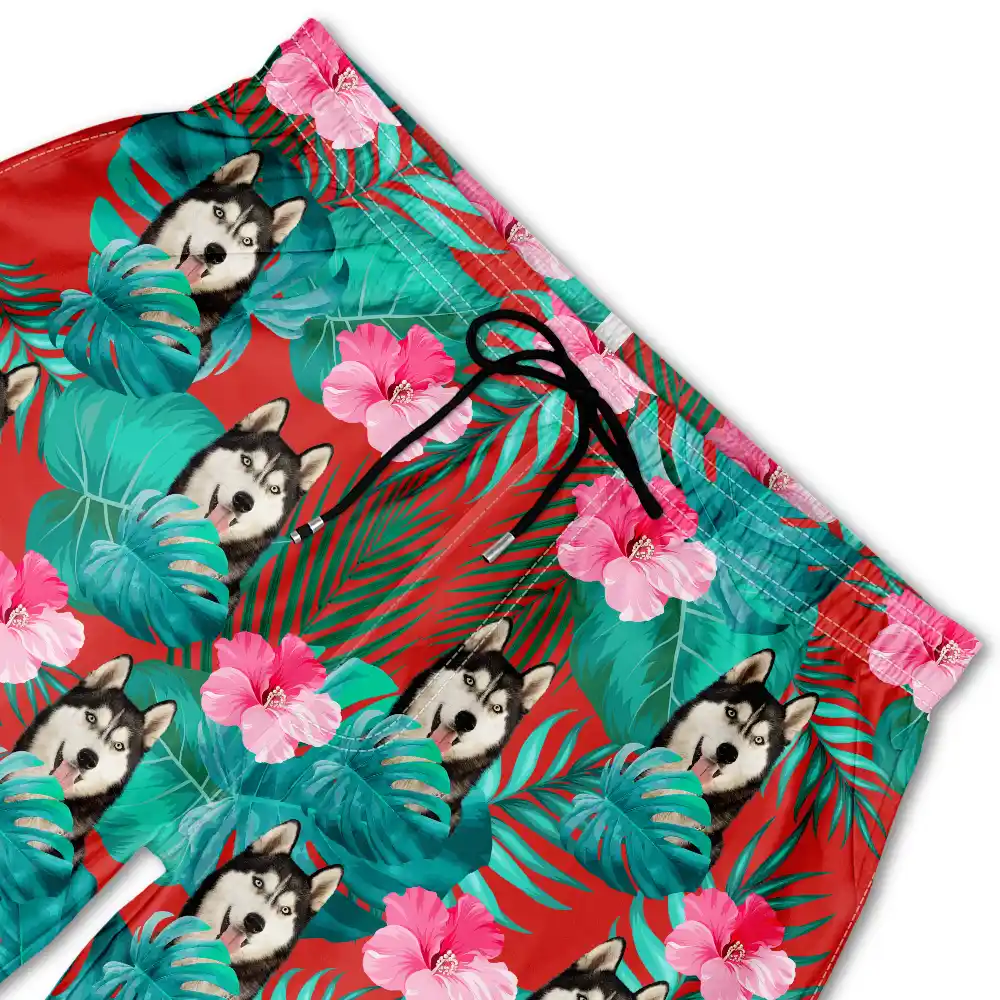 Custom Photo Tropical Leaves Funny Family Pet Face - Personalized Unisex Beach Shorts - Image 6