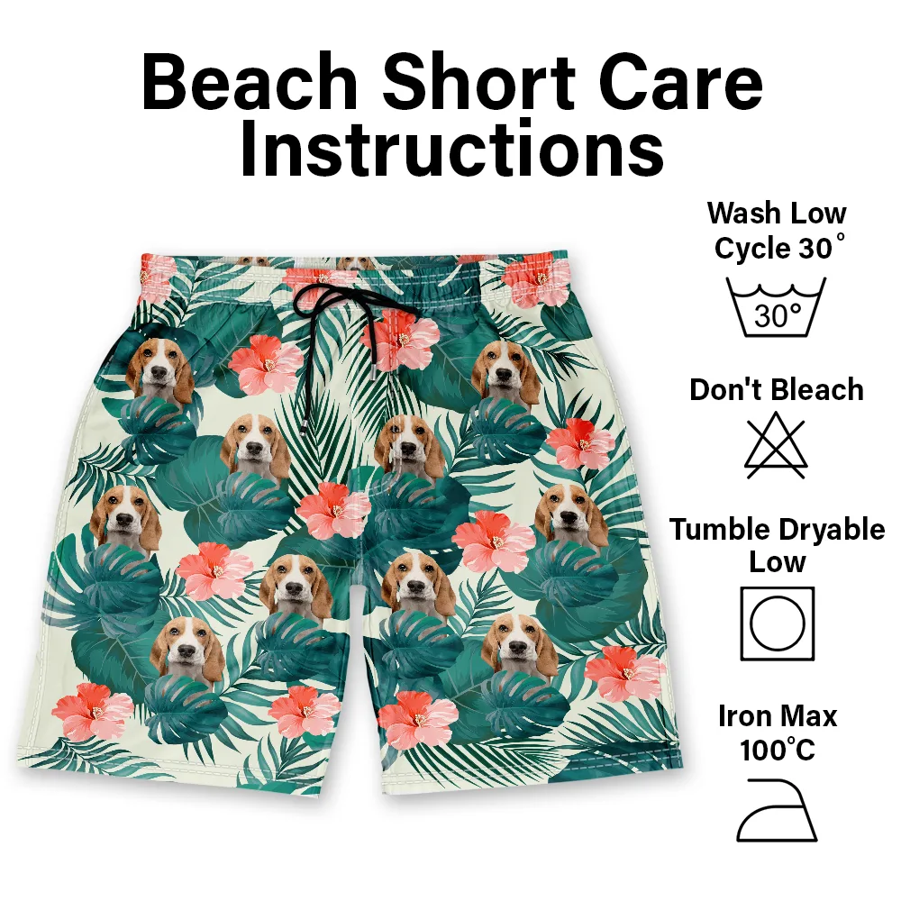 Custom Photo Tropical Leaves Funny Family Pet Face - Personalized Unisex Beach Shorts - Image 7