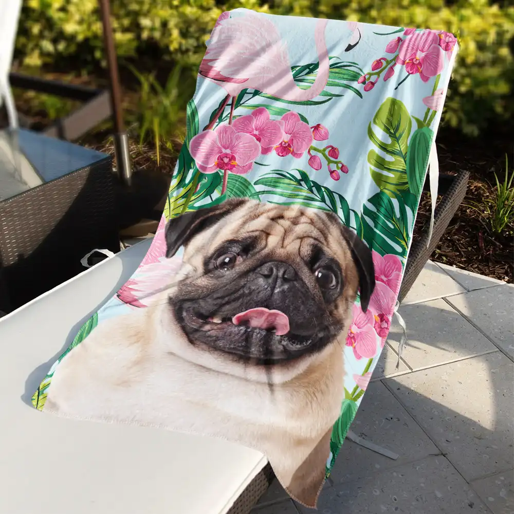 Custom Photo Tropical Leaves Pet Face - Personalized Beach Towel - Image 4