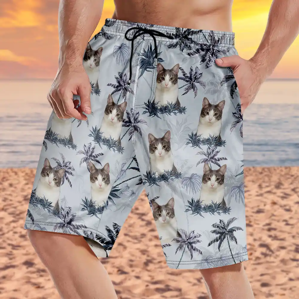 Custom Photo Tropical Palm Dog Cat - Personalized Unisex Beach Shorts - Image 4