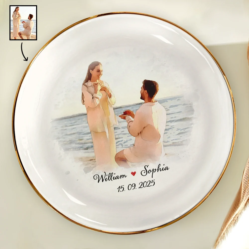 Custom Photo Watercolor Couples Anniversary Gift - Personalized Round Ring Dish - Image 2