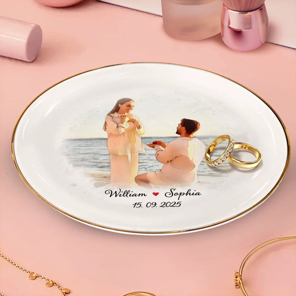 Custom Photo Watercolor Couples Anniversary Gift - Personalized Round Ring Dish - Image 4