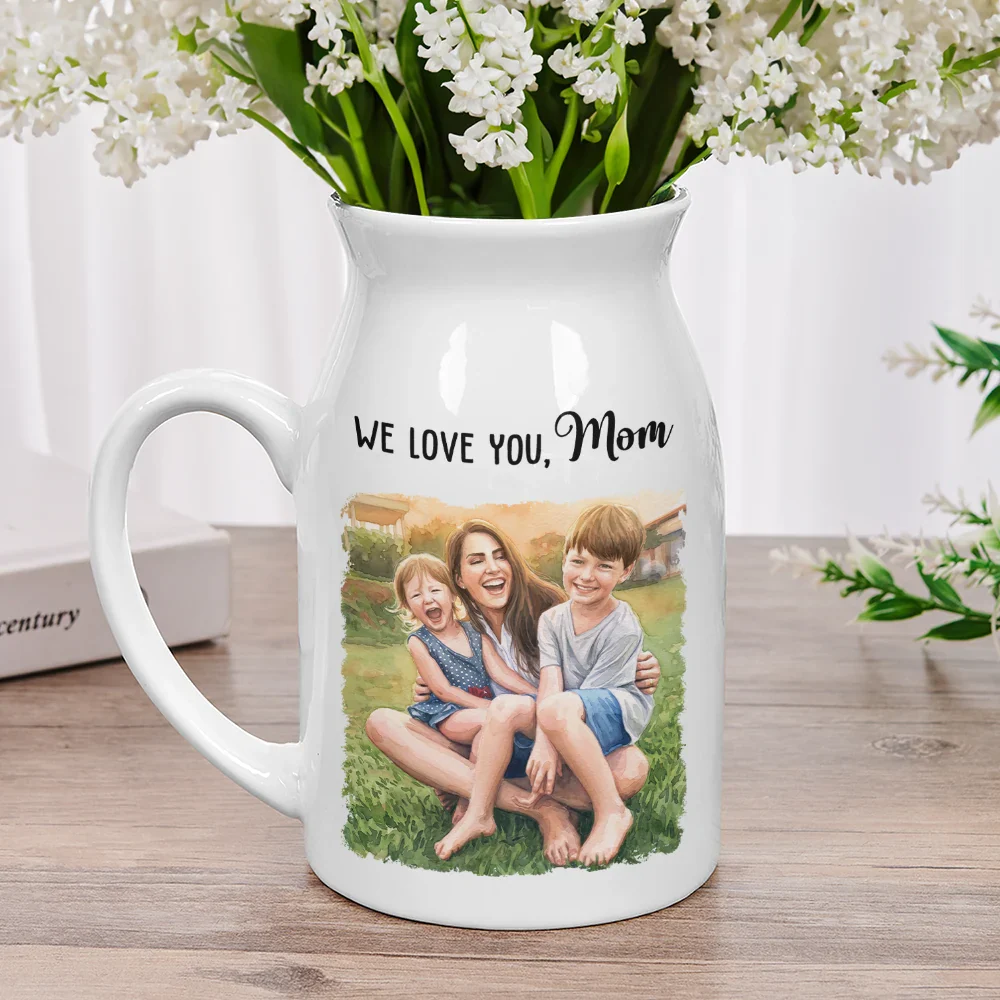 Custom Photo Watercolor Painting Mother And Daughter Forever Linked Together - Personalized Ceramic Flower Vase - Image 2