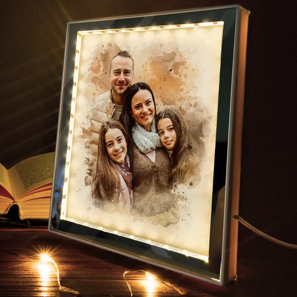 Custom Photo Watercolor Portrait Mom Grandma Family Couple - Personalized LED Mirror Frame Lamp - Image 4