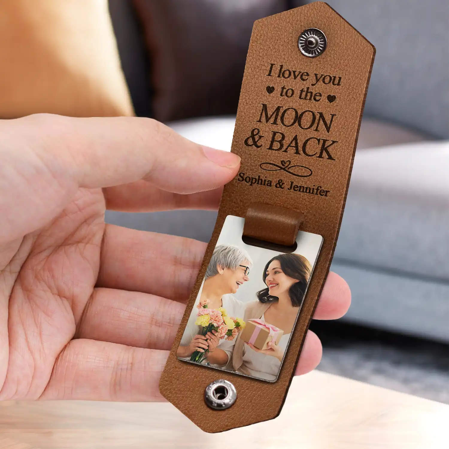 Custom Photo We Love You To The Moon And Back - Gift For Mom - Personalized Leather Photo Keychain - Image 3