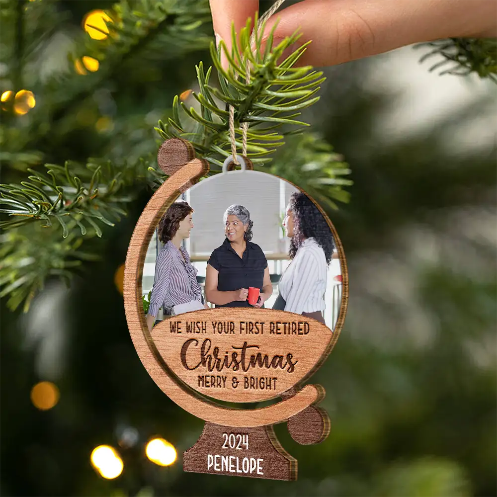 Custom Photo We Wish Your First Retired Christmas Merry & Bright - Personalized Custom Shaped Wooden Ornament - Image 2