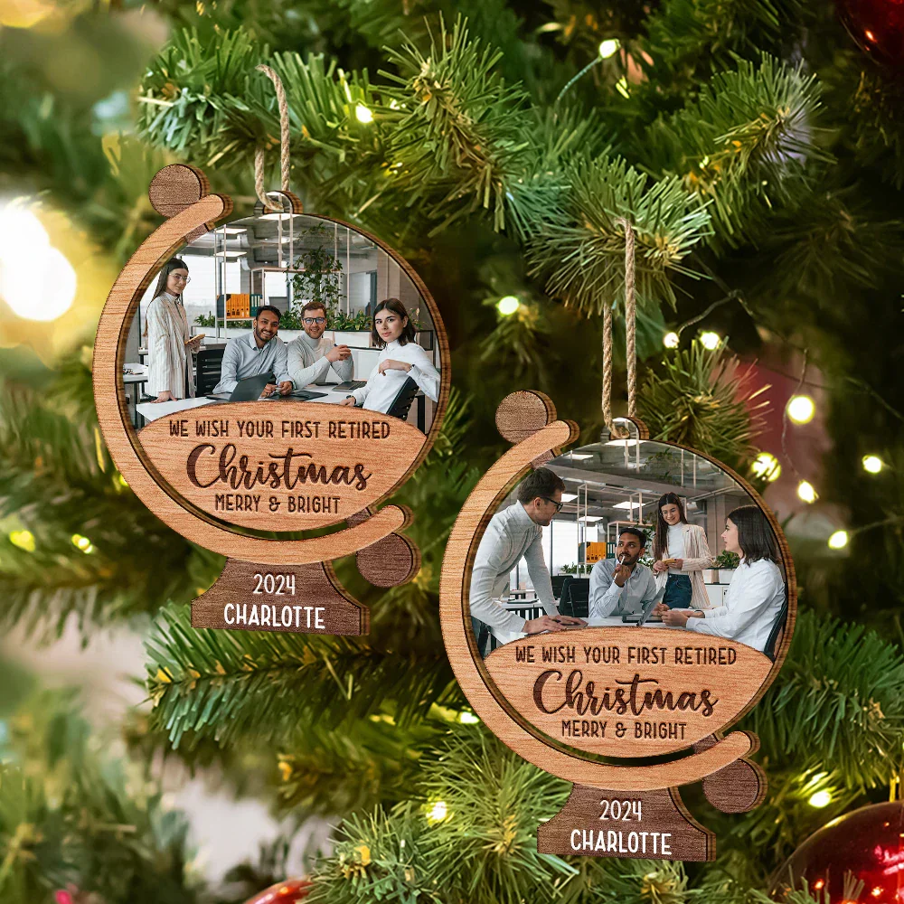 Custom Photo We Wish Your First Retired Christmas Merry & Bright - Personalized Custom Shaped Wooden Ornament - Image 6