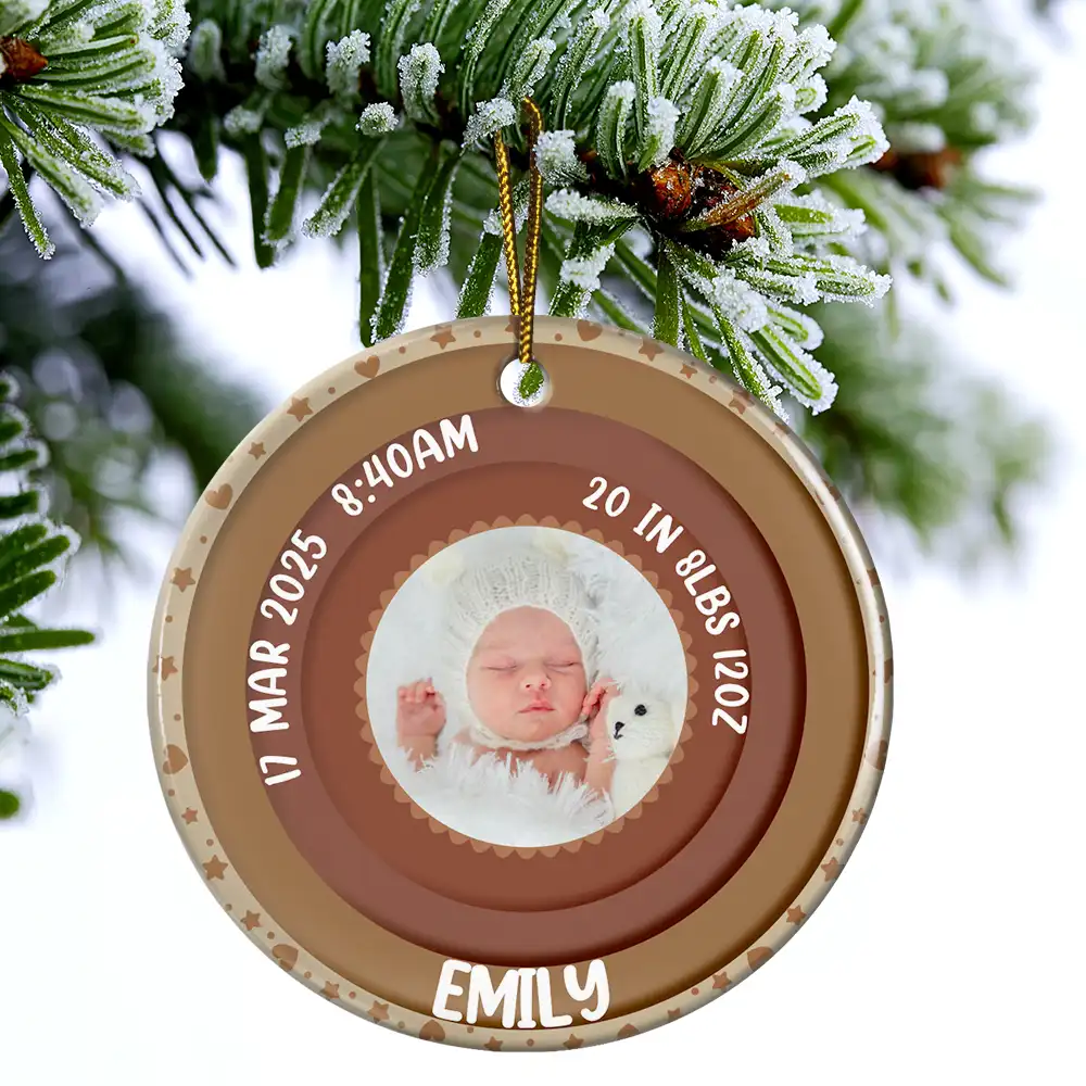 Custom Photo Welcome To The World Baby Stats - Personalized Circle Ceramic Ornament - Image 4