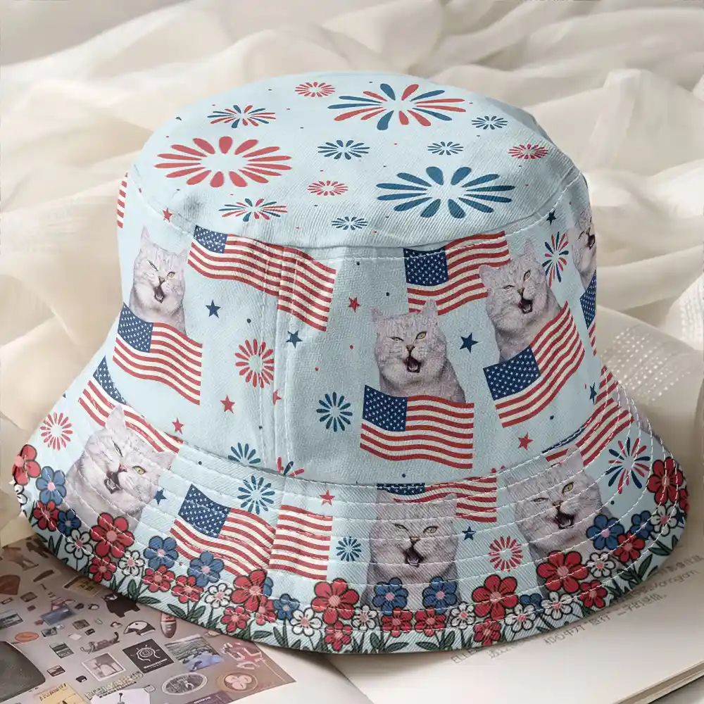 Custom Photo With America Flags & Fireworks - Personalized Bucket Hat - Image 3