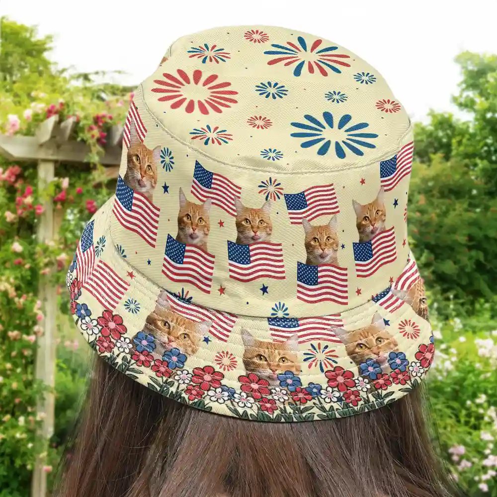 Custom Photo With America Flags & Fireworks - Personalized Bucket Hat - Image 5