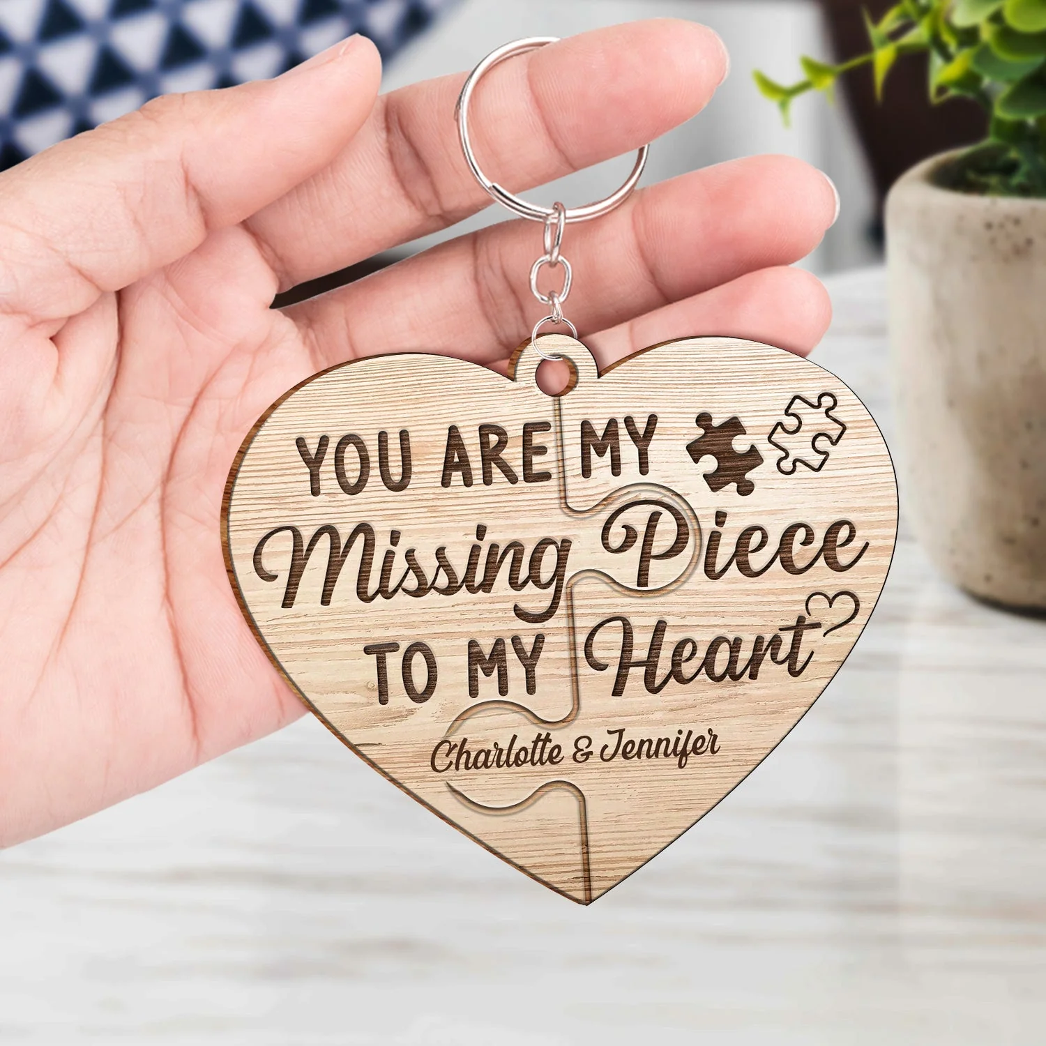 Custom Photo You Are My Missing Piece To My Heart - Anniversary Gift For Couples - Personalized Wooden Keychain - Image 4
