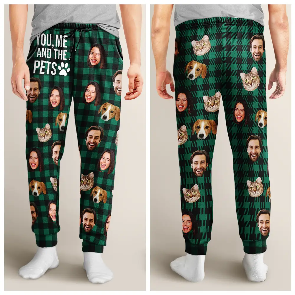 Custom Photo You & Me And The Dog Cat Pet Plaid Pattern - Personalized Pajama Pants - Image 4