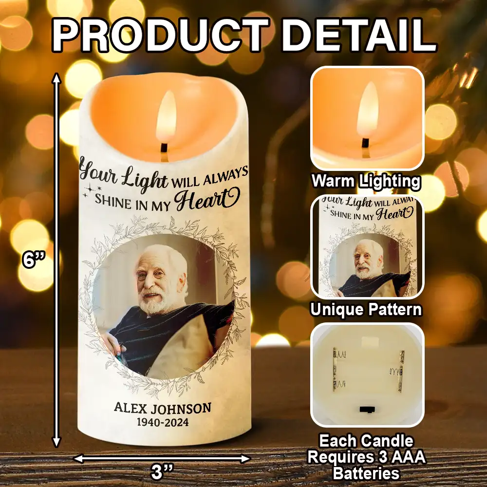 Custom Photo Your Light Will Always Shine In My Heart - Personalized Flameless LED Candle - Image 5