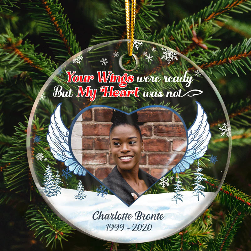 Custom Photo Your Wings Were Ready But My Heart Was Not - Christmas Gift - Memorial Gift For Family - Personalized Custom Circle Acrylic Ornament - Image 2