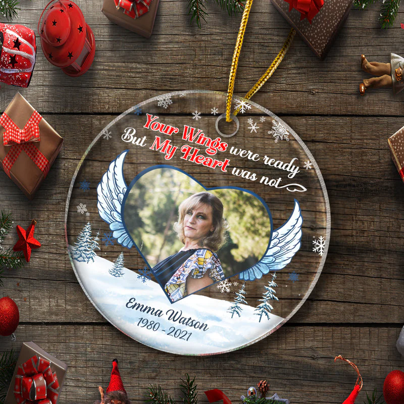 Custom Photo Your Wings Were Ready But My Heart Was Not - Christmas Gift - Memorial Gift For Family - Personalized Custom Circle Acrylic Ornament - Image 5