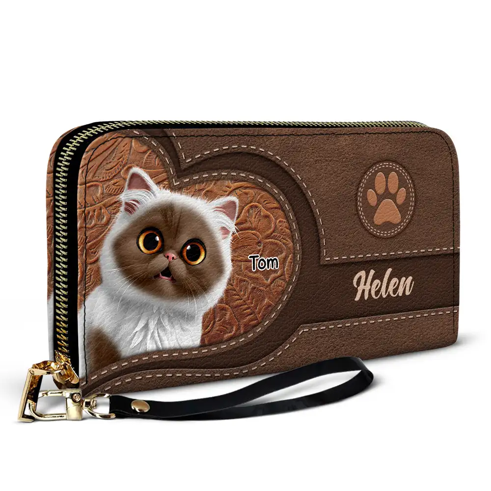 Cute Cats 3D Effect Aesthetic Pattern - Personalized Leather Long Wallet - Image 2