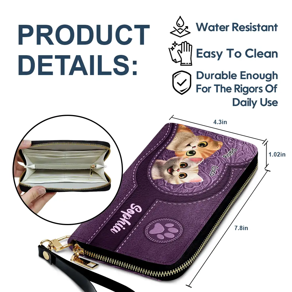 Cute Cats 3D Effect Aesthetic Pattern - Personalized Leather Long Wallet - Image 6