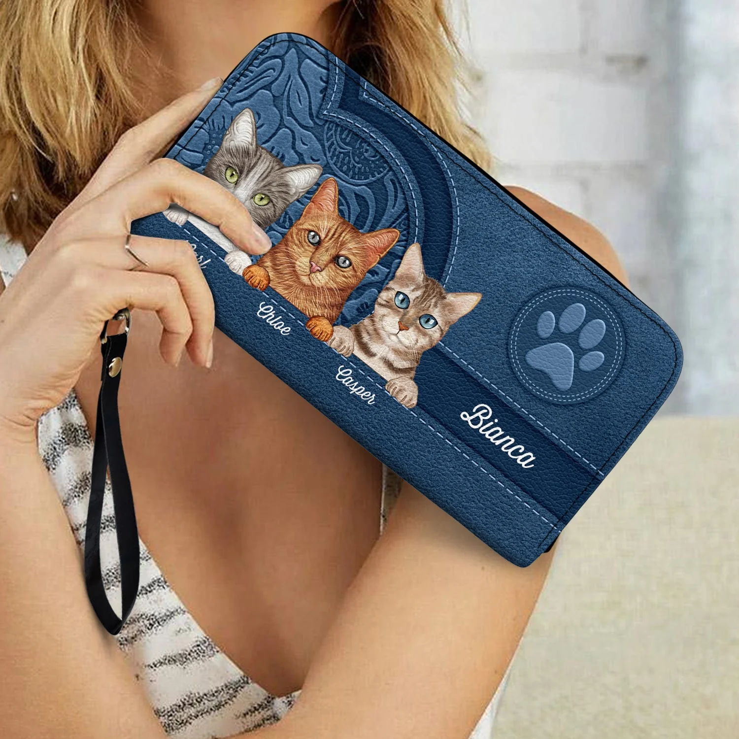 Cute Cats Aesthetic Pattern - Birthday, Loving Gift For Cat Mom, Cat Lovers - Personalized Leather Long Wallet - Image 3