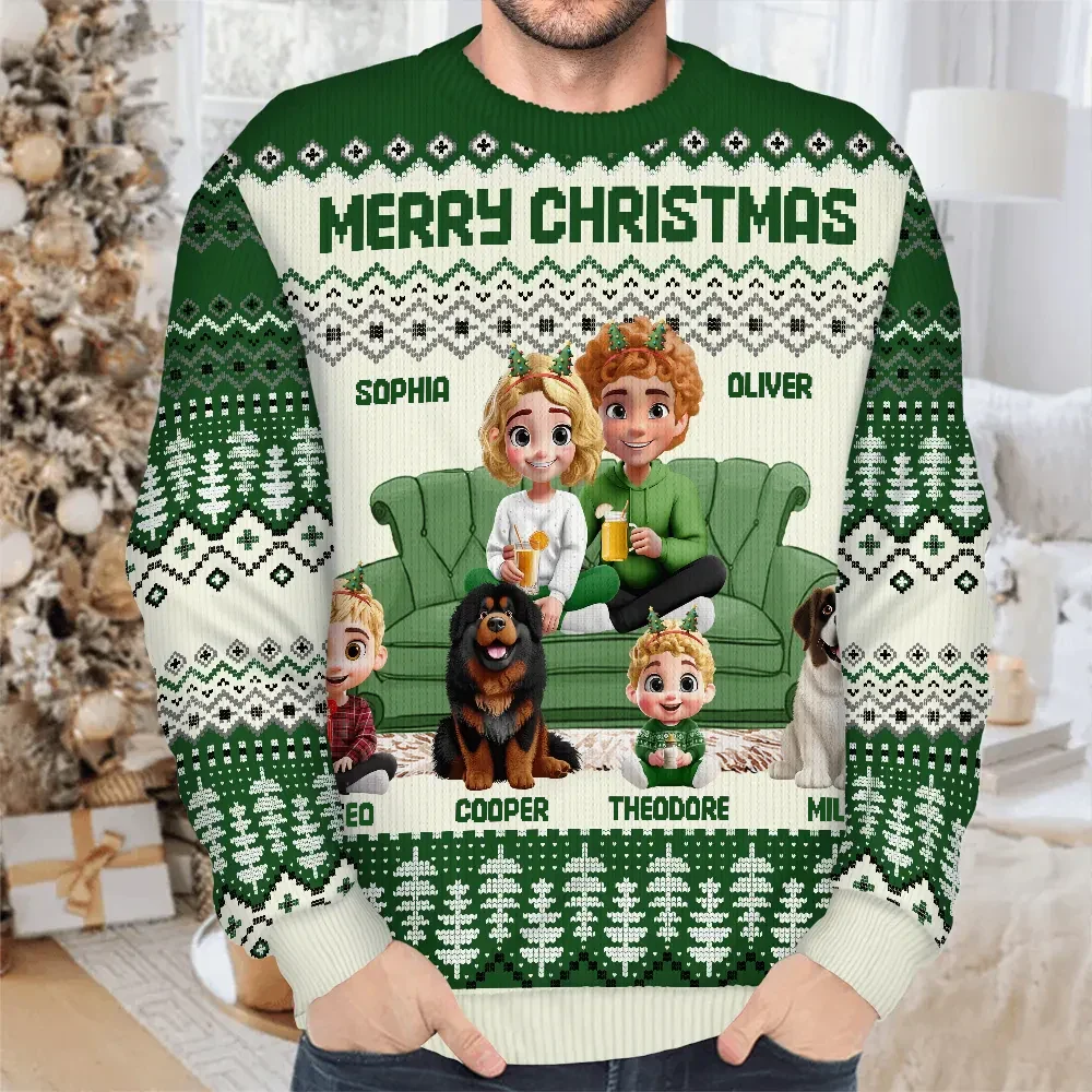 Cute Couple With Kids And Dogs 3D Effect - Personalized Unisex Ugly Sweater - Image 4