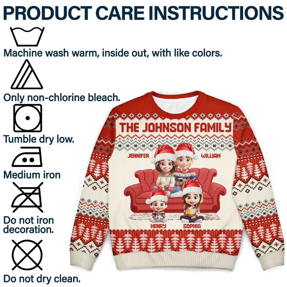Cute Couple With Kids And Dogs 3D Effect - Personalized Unisex Ugly Sweater - Image 7