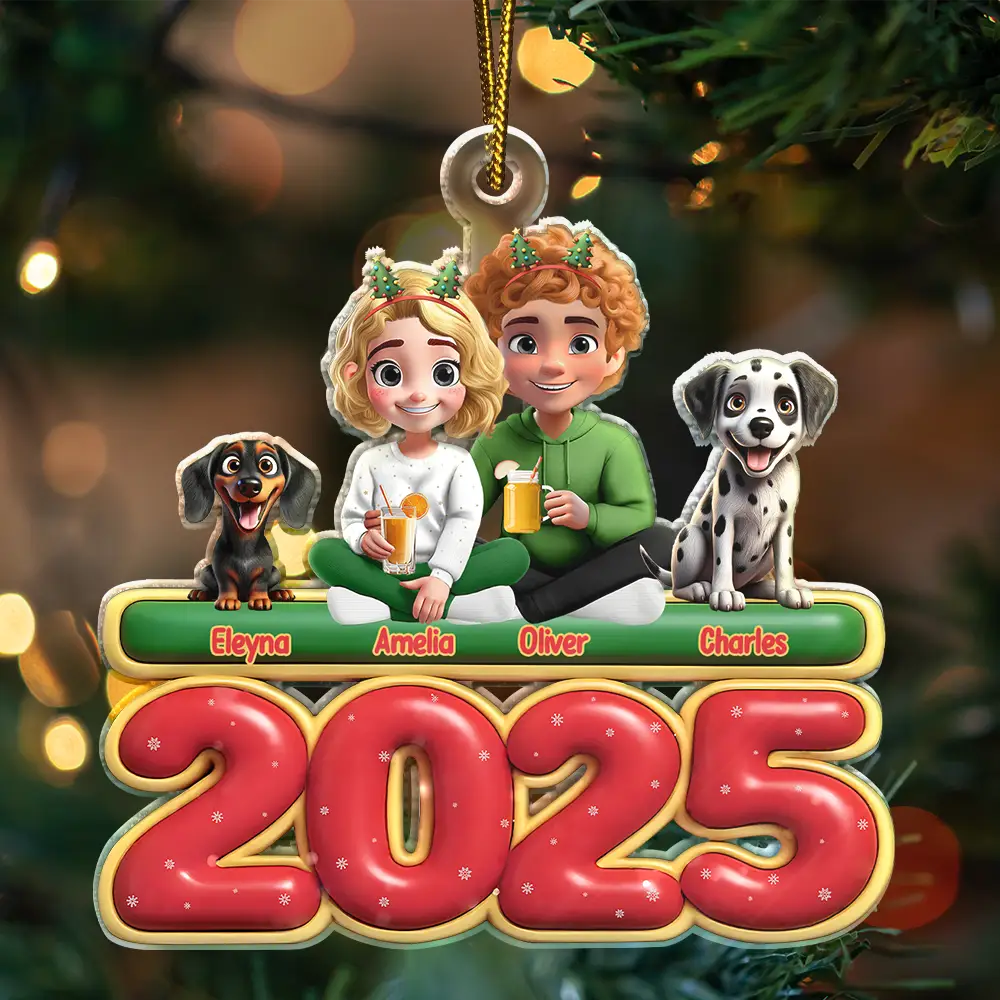 Cute Couple With Kids And Dogs Cats 3D Effect - Personalized Custom Shaped Acrylic Ornament - Image 3