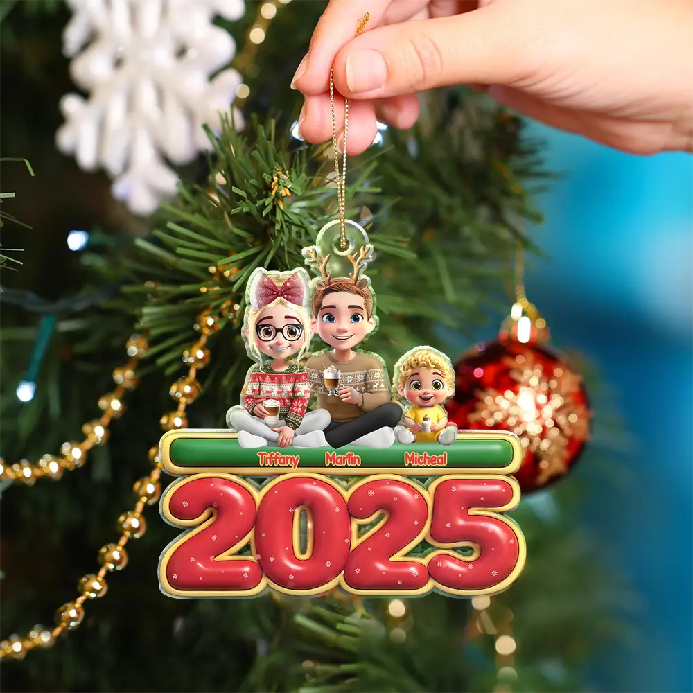 Cute Couple With Kids And Dogs Cats 3D Effect - Personalized Custom Shaped Acrylic Ornament - Image 4