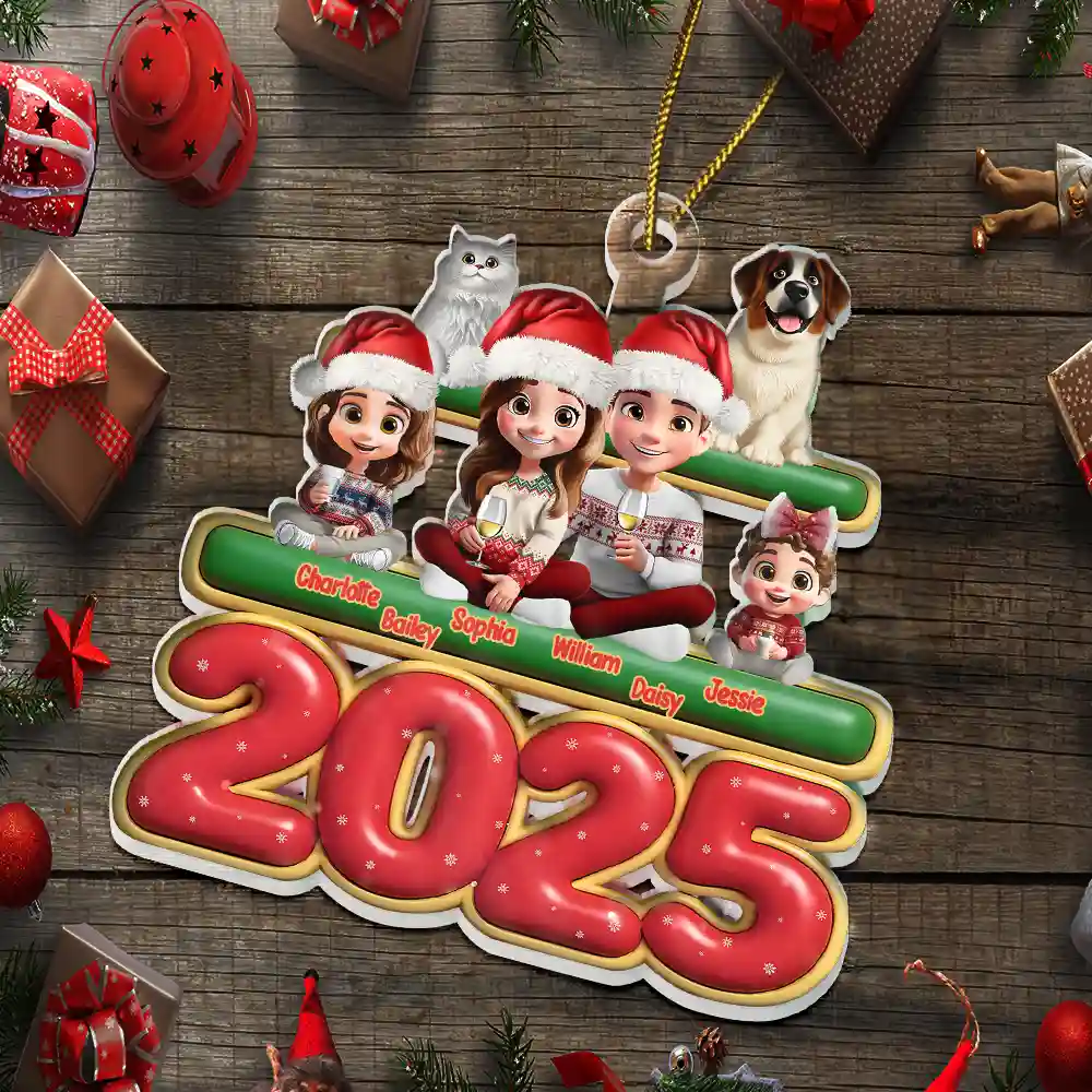 Cute Couple With Kids And Dogs Cats 3D Effect - Personalized Custom Shaped Acrylic Ornament - Image 5
