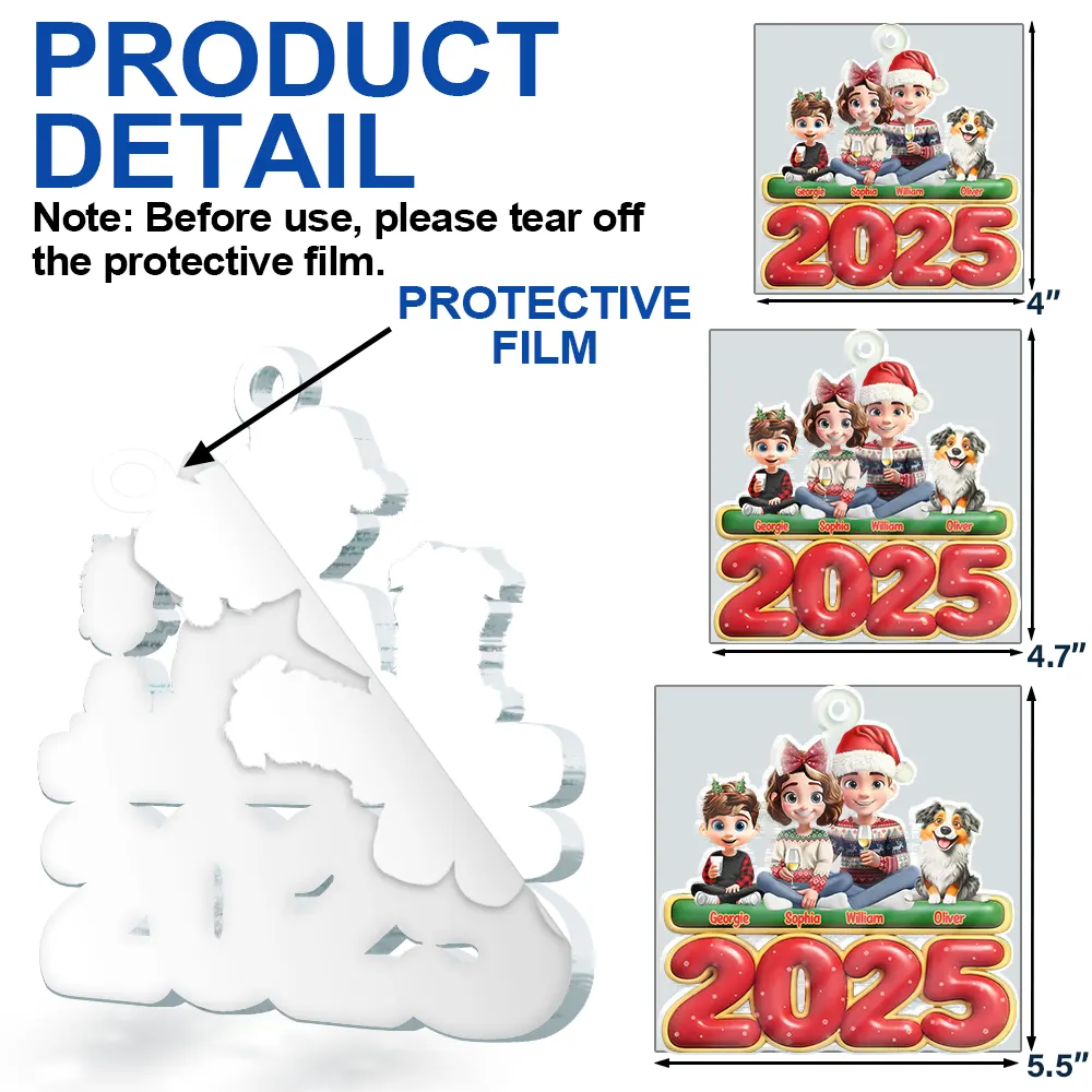 Cute Couple With Kids And Dogs Cats 3D Effect - Personalized Custom Shaped Acrylic Ornament - Image 6