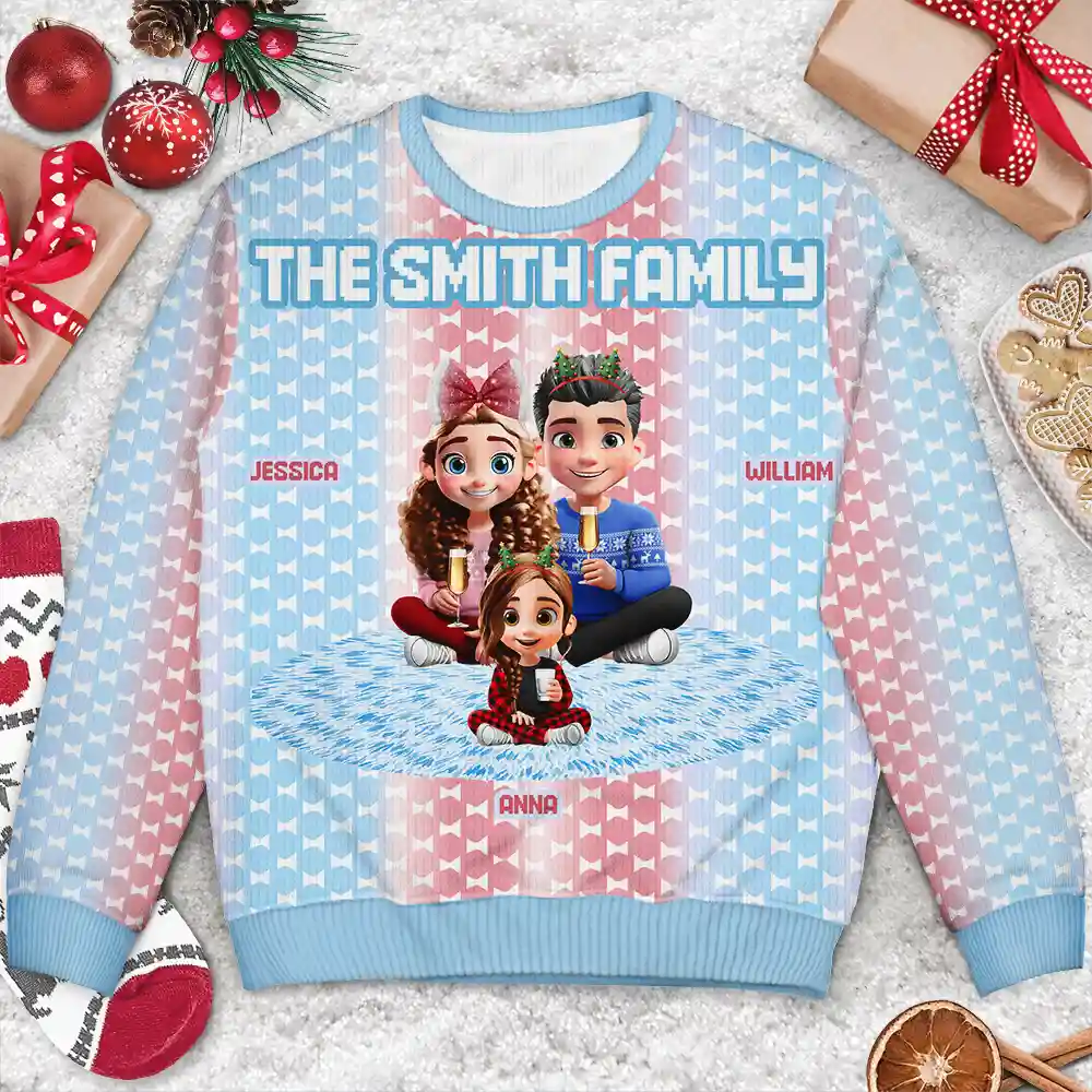 Cute Couple With Kids And Dogs Crochet Stripe Effect - Personalized Unisex Ugly Sweater - Image 2