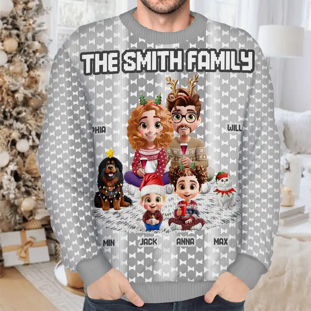 Cute Couple With Kids And Dogs Crochet Stripe Effect - Personalized Unisex Ugly Sweater - Image 3