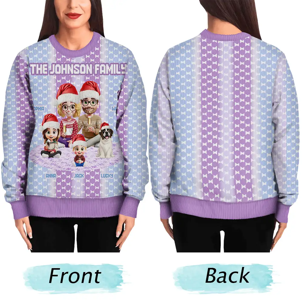 Cute Couple With Kids And Dogs Crochet Stripe Effect - Personalized Unisex Ugly Sweater - Image 4