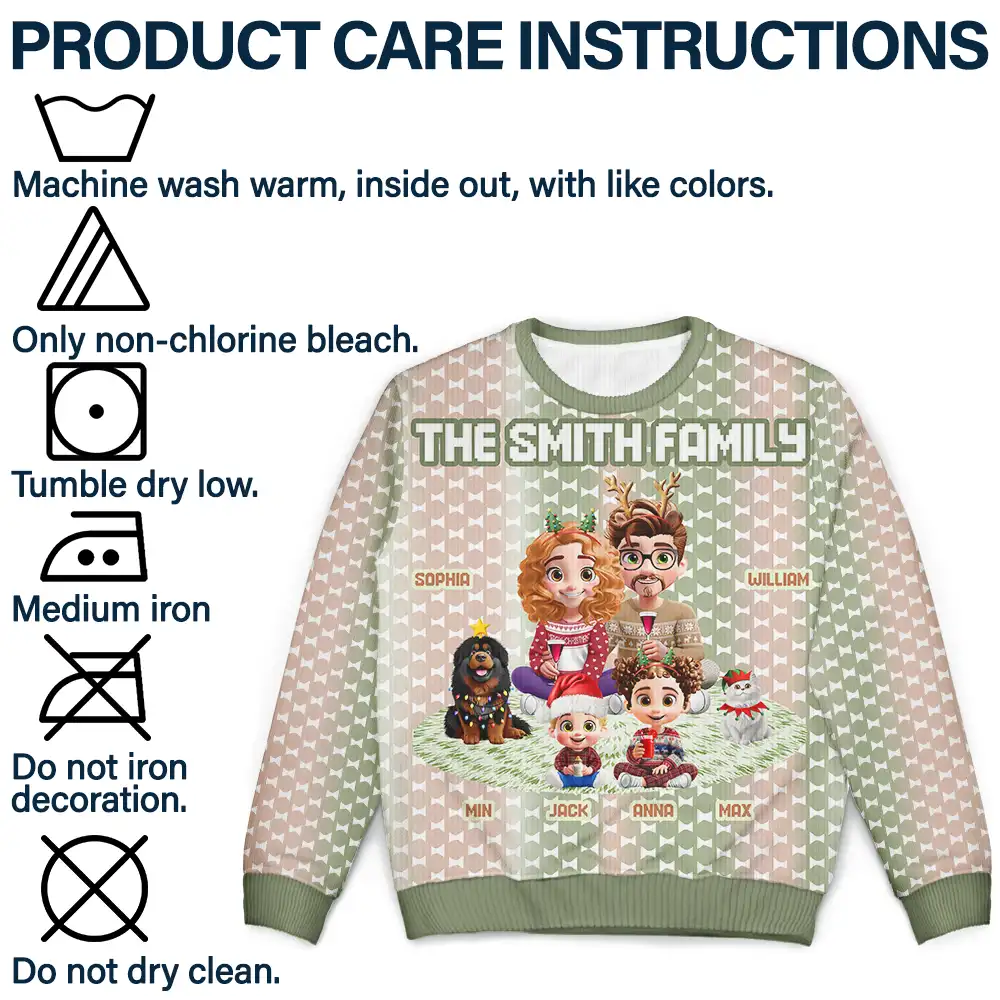 Cute Couple With Kids And Dogs Crochet Stripe Effect - Personalized Unisex Ugly Sweater - Image 6