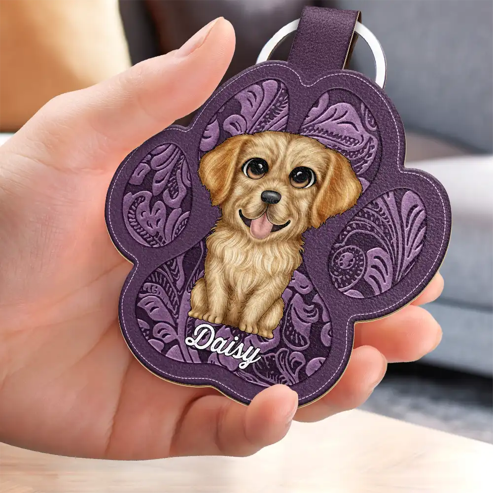 Cute Dog Cat Faux Engraving - Personalized Custom Shaped Leather Keychain - Image 3