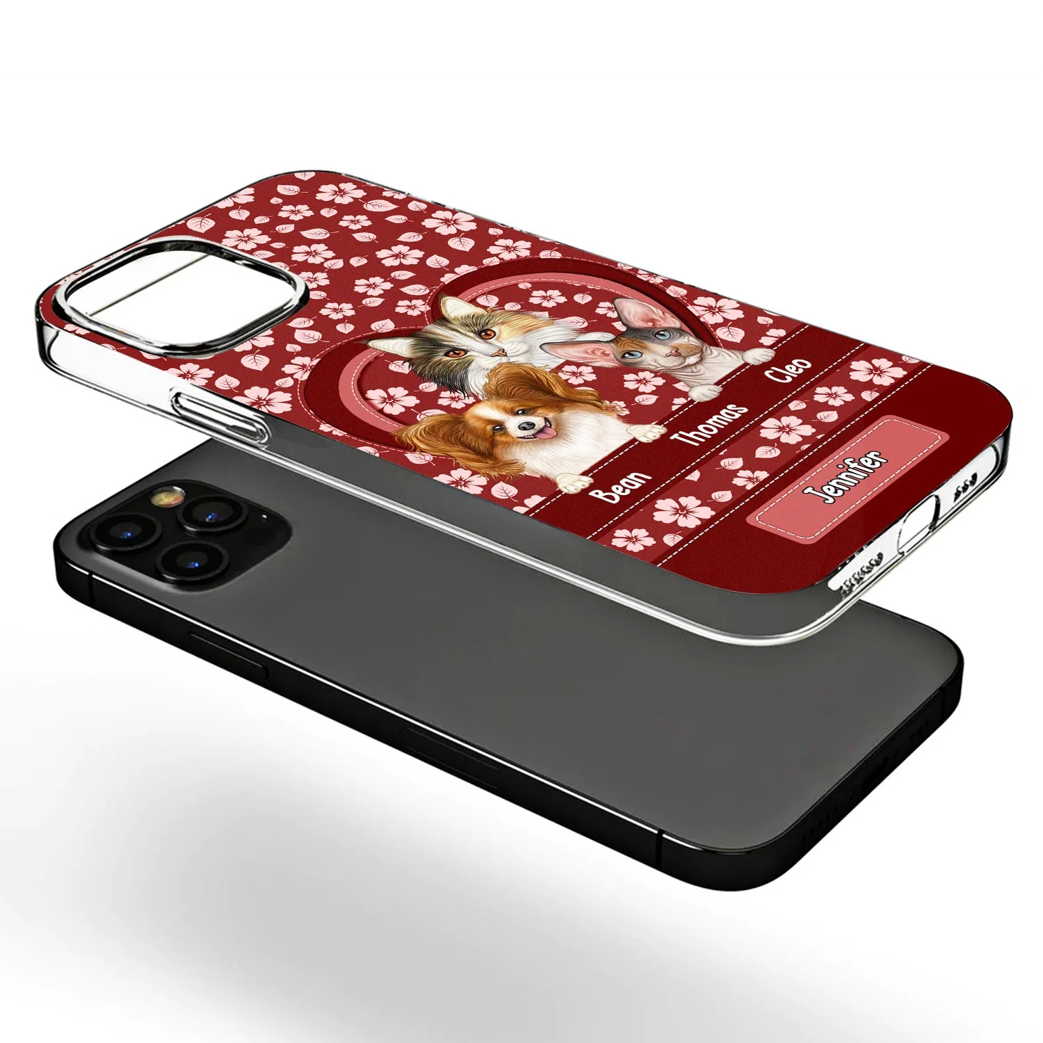 Cute Dogs Cats Floral Pattern - Gift For Pet Lovers, Dog Mom, Cat Mom - Personalized Clear Phone Case - Image 3