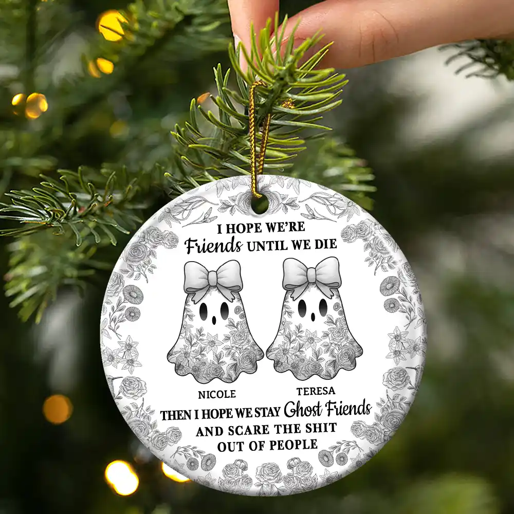 Cute Ghost Bestie Friends Until We Die Toile De Jouy Pattern - Personalized Circle Ceramic Ornament - Image 3