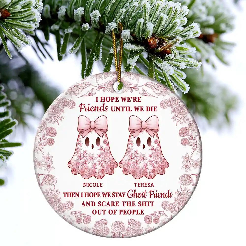 Cute Ghost Bestie Friends Until We Die Toile De Jouy Pattern - Personalized Circle Ceramic Ornament - Image 4