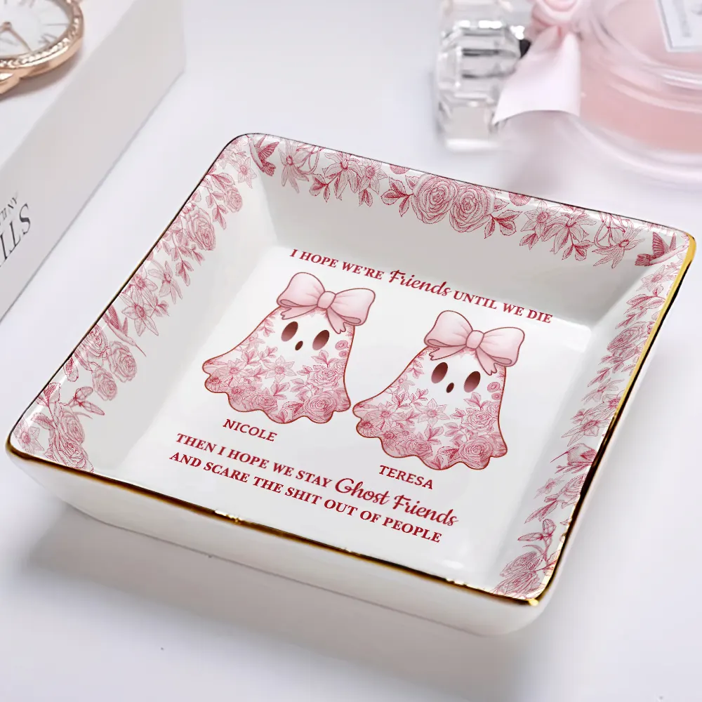 Cute Ghost Bestie Friends Until We Die Toile De Jouy Pattern - Personalized Ring Dish - Image 2