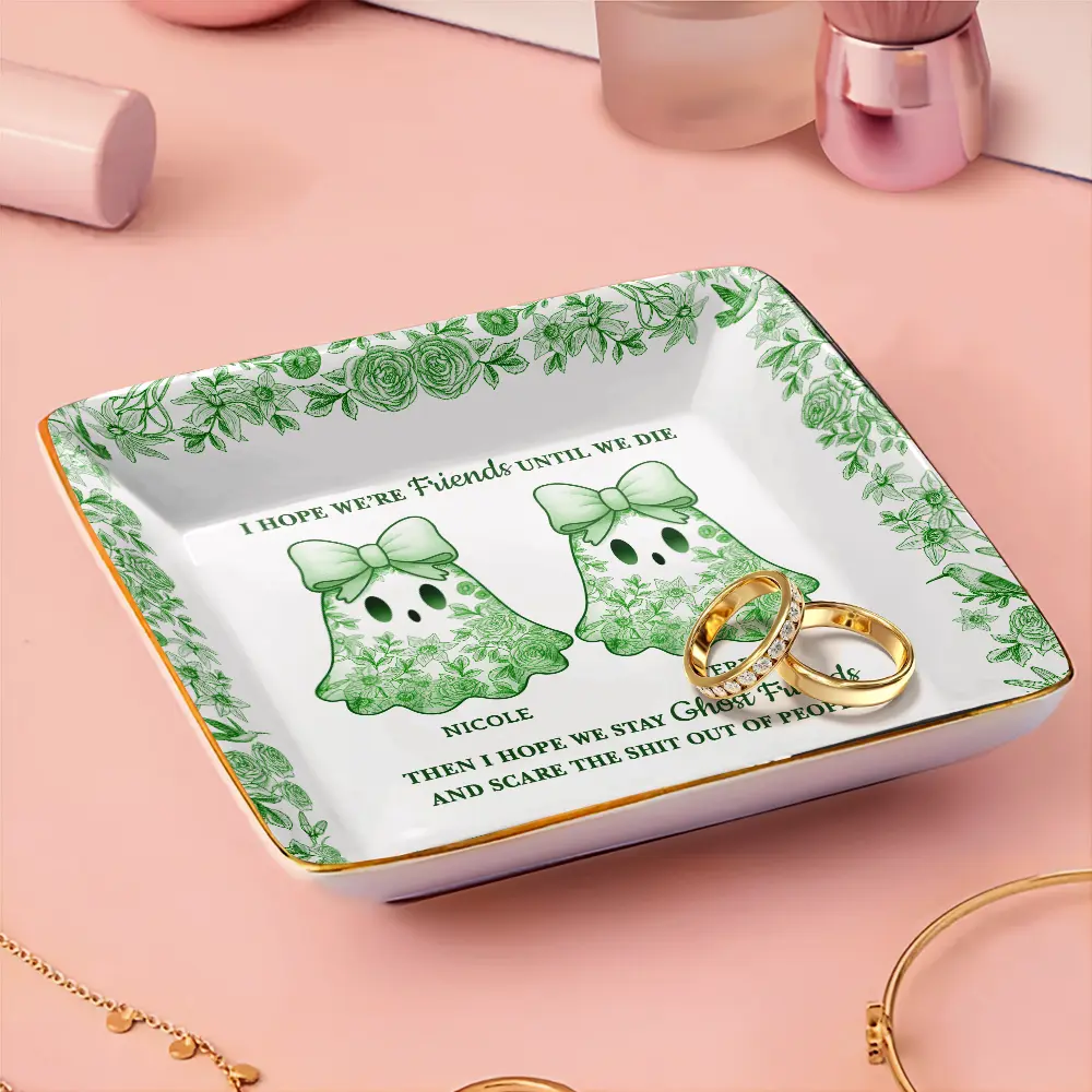 Cute Ghost Bestie Friends Until We Die Toile De Jouy Pattern - Personalized Ring Dish - Image 3