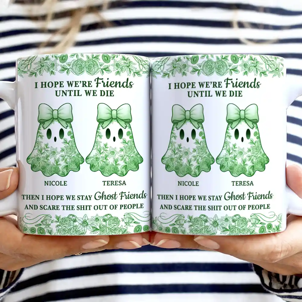 Cute Ghost Bestie Friends Until We Die Toile De Jouy Pattern - Personalized White Edge-to-Edge Mug - Image 2