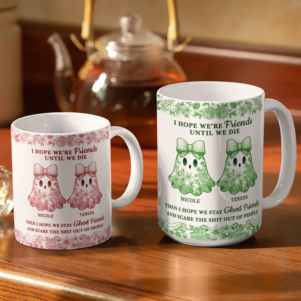 Cute Ghost Bestie Friends Until We Die Toile De Jouy Pattern - Personalized White Edge-to-Edge Mug - Image 3