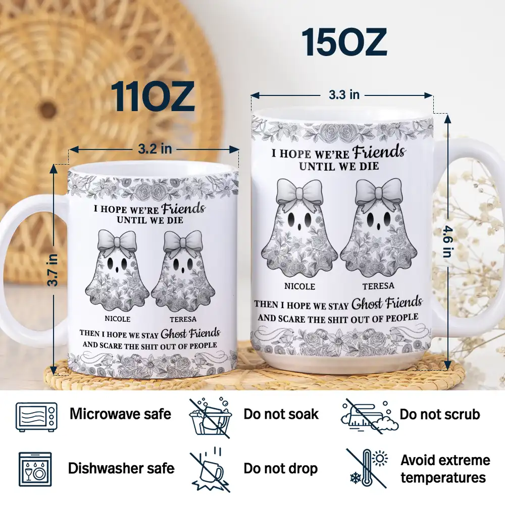 Cute Ghost Bestie Friends Until We Die Toile De Jouy Pattern - Personalized White Edge-to-Edge Mug - Image 5